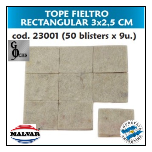 (23001) TOPE FIELTRO RECTANGULAR 3X2,5 X 9 UNIDADES - FERRETERIA - TOPES ADHESIVOS