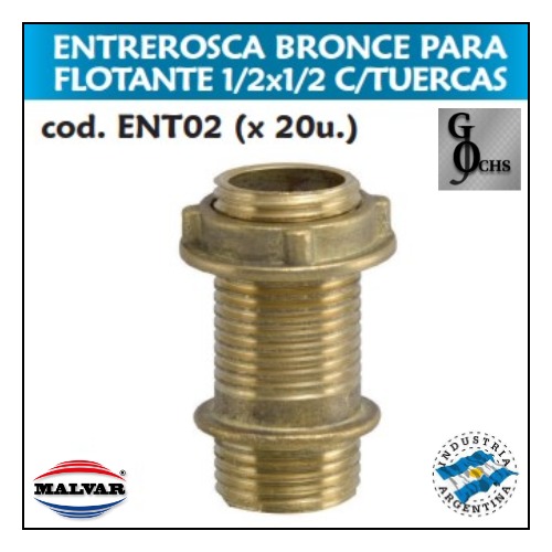 (ENT02) ENTREROSCA BRONCE PARA FLOTANTE 1/2 X 1/2 CON TUERCA - SANITARIOS - ARTICULOS DE BRONCE