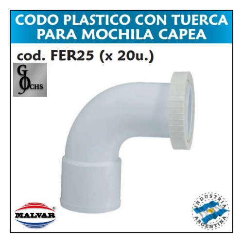 (FER25) CODO PLASTICO CON TUERCA PARA MOCHILA CAPEA - SANITARIOS - CODO PLASTICO