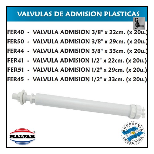(FER40) VALVULA ADMISION 3/8 PLASTICA 22 CM. - SANITARIOS - ADMISION PLASTICA
