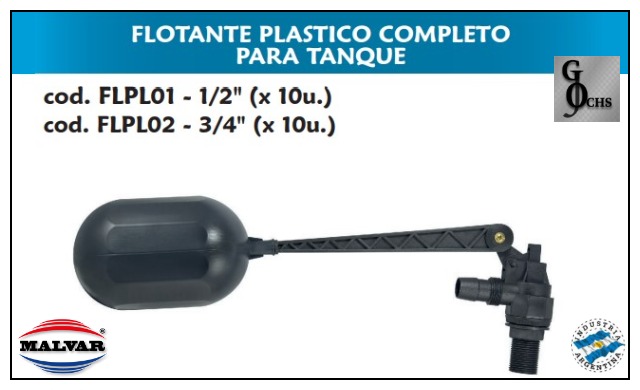 (FLPL02) FLOTANTE COMPLETO PLASTICO PARA TANQUE DE 3/4 - SANITARIOS - DESCARGA INODORO