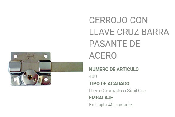(PRI400) CERROJOS  "PRIVE" NRO. 400 BARRA PASANTE LLAVE CRUZ CROMADO - FERRETERIA - CERROJOS