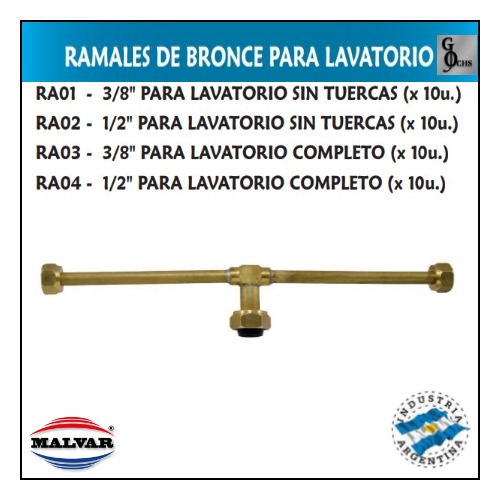 (RA02) RAMALES BRONCE 1/2 PARA LAVATORIO SIN TUERCAS - SANITARIOS - RAMALES DE BRONCE